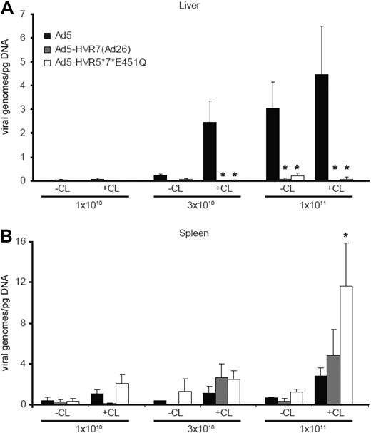 Figure 3. Viral genome content of control and FX-binding ablated Ad vectors 48 hours after administration. Viral genome content of liver (A) and spleen (B) from control (CL−) or macrophage-depleted (CL+) mice 48 hours after injection with increasing doses of Ad5, Ad5-HVR7(Ad26), or Ad5-HVR5*7*E451Q. Ad genomes were detected in liver and spleen after DNA extraction and analysis performed by quantitative PCR. (*P < .05 vs Ad5, n = 5).
