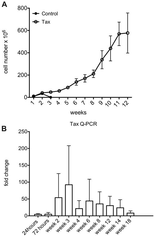 Figure 3. Immune activation induces immortalization of LTR-Tax CD4+ T cells. Cultures of stimulated LTR-Tax and control CD4+ T cells (3 independent mice each) were propagated with IL-2 (80 U/mL). (A) Cells numbers were determined weekly for up to 12 weeks (means ± SD). (B) Tax mRNA levels from the LTR-Tax cells were assayed by Q-PCR at the indicated times. Expression increased during weeks 2 and 3 of cell culture, and then decreased with time.