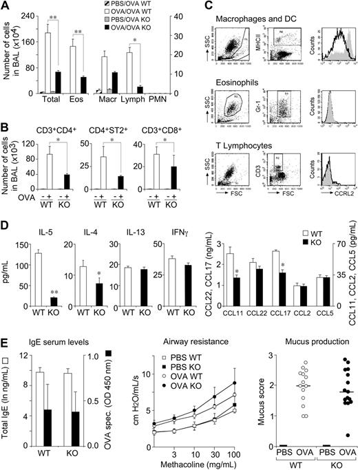 Figure 3. Role of CCRL2 in OVA-induced airway inflammation. WT and CCRL2−/− mice were sensitized and challenged with OVA by aerosol. BAL was collected 24 hours after the last aerosol. (A) Differential cell counts in BAL. (B) Evaluation of T-cell subsets in BAL. (C) CCRL2 membrane expression by MHCII+ cells, eosinophils, and T lymphocytes by FACS analysis. Histograms represent CCRL2 mAb staining of cells from WT (filled curves) and CCRL2−/− mice (open curves). (D) Cytokine and chemokine levels in BAL. (E) Total and OVA-specific IgE in serum (left panel) and bronchial hyperreactivity (AHR) to methacholine (middle panel) and mucus production (right panel). Data are mean ± SEM of 5 (A) or 3 (B-E) representative experiments with 6-12 mice per group. * P < .05; ** P < .01.