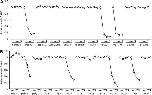 Figure 1. Modulation of cell-surface NRP1 by polysaccharides and poly- and oligonucleotides. HUVECs were incubated at 37°C for 1 hour with the indicated compounds (each tested at 0, 1, 8, 64 μg/mL); after incubation, NRP1 was detected by flow cytometry. Compounds tested in (A) dextran, 500-kDa dextran sulfate (DS500), alginic acid (alginic a.), carboxymethylcellulose (carbo. cell), pectin, mannan, inulin, cellulose sulfate (cell. sul), carrageenan λ IV (car. λ IV), poly-l-Glu acid (p-lGlu), and poly-d-Glu acid (p-dGlu); in (B) polyribonucleotides poly A, poly G, and poly C; oligodeoxyribonucleotides T18, G18, C18, G6; phosphorothioate oligodeoxyribonucleotides sA18, sT18, sG18, sC18, and dGMT. Results reflect the relative mean fluorescence intensities with and without compounds.