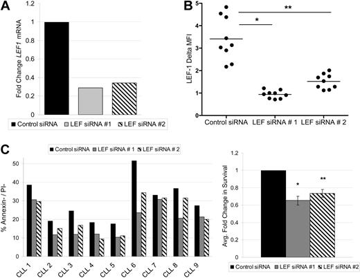 Figure 4. LEF-1 is a prosurvival factor in CLL cells. (A) Detection of LEF1 mRNA levels by quantitative PCR in B cells from a CLL patient 24 hours after siRNA treatment. (B) Intracellular flow cytometry measurements of LEF-1 expression with indicated change in mean fluorescence intensity (ΔMFI) 72 hours after siRNA treatment in 9 CLL samples. *P < .0001. **P < .0001. Horizontal lines indicate the mean of the group. (C) CLL percentage survival 72 hours after siRNA treatment in 9 samples (left panel), and the average fold change in survival normalized to control siRNA treatment (right panel). *P = .0001. **P = .0002. Error bars represent the SEM.