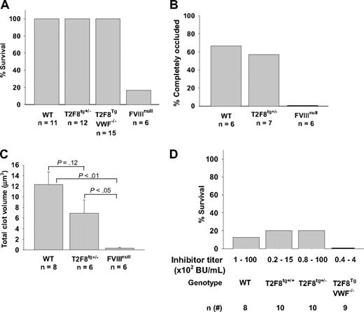 Figure 6. Assessment of phenotypic correction. (A) Tail clip survival test assessed phenotypic correction of hemophilia A mice. All T2F8 transgenic mice survived tail clipping. (B) FeCl3-induced thrombosis formation study. Four of 7 T2F8tg+/− mice developed complete occlusion in the FeCl3-induced carotid arterial injury model, which is not significantly different from WT controls (P = .41). (C) Electrical-induced femoral vein injury model. The volume of clot in T2F8tg+/− mice is 23-fold higher than in FVIIInull mice (P < .05). (D) Tail clip survival test of hFVIII immunized T2F8 transgenic mice. T2F8 transgenic mice were immunized once with rhFVIII (with adjuvant) by intraperitoneal injection. Two weeks after immunization, plasma was used for inhibitor quantitation, and tail clip survival test was performed. Only 20% of T2F8tg+/+ or T2F8tg+/− animals survived tail clip challenge. No T2F8TgVWF−/− mice survived tail clipping in the presence of inhibitors. These results demonstrate that endothelial cell–derived FVIII restores hemostasis to hemophilia A mice, but has limited clinical efficacy in the presence of anti-FVIII inhibitory antibodies.