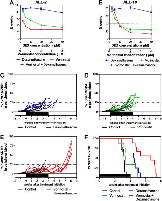 Figure 5. Synergistic antileukemia effects of vorinostat and dexamethasone in vitro and in vivo. (A) ALL-2 and (B) ALL-19 xenograft cells were treated with vorinostat (green), dexamethasone (blue), or both (red) in vitro at a fixed ratio of concentrations as described in “In vitro cytotoxicity assays” and mitochondrial activity was assessed by MTT assay. Data represent the mean ± SEM of 3 independent experiments. (C-F) The in vivo antileukemia effects of dexamethasone (C, blue; 5 mg/kg Monday through Friday for 4 weeks; n = 9) and vorinostat (D, green; 200 mg/kg for 7 days then 100 mg/kg for 21 days; n = 9) individually and in combination (E, red; n = 9) were evaluated against ALL-2 inoculated in NOD/SCID mice in vivo. Colored lines indicate the %huCD45+ in each mouse within the drug-treated groups, while black lines show the progression in vehicle-treated controls (n = 9). (F) Kaplan-Meier graphs indicate the EFS of each cohort in the weeks post treatment initiation. Solid bars in panels C-F represent treatment periods.