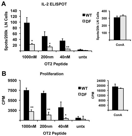 Figure 3. ITAM signaling is required for T-cell priming in vivo. WT and DF mice were immunized in the footpad with OVA peptide in CFA, and 7 days later, the draining popliteal lymph nodes were harvested. Lymph node cells were restimulated in vitro with the indicated doses of OVA peptide (continuous peptide) and analyzed 1 day later for the frequency of antigen-specific T cells by ELISPOT (A) and 3 days later for proliferation by thymidine incorporation (B). Data shown are the mean ± SD of triplicate samples. At least 4 mice per group were analyzed; *P < .05, **P < .01.