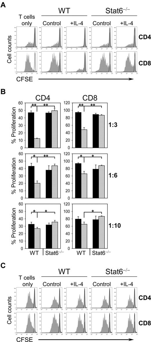Figure 1. IL-4–exposed macrophages suppress T-cell proliferation in a cell-cell contact–dependent manner. (A) CFSE-labeled wild-type (WT) splenocytes were left untreated (black line) or were stimulated with plate-bound anti-TCR/anti-CD28 (filled) and were either cultured alone (T cells only) or were cocultured with control or IL-4–treated (10 ng/mL) BMDM from WT or Stat6−/− mice at ratio of 1:3 (BMDM:splenocytes). Cells were collected after 4 days, stained for CD4 and CD8 and analyzed by flow cytometry. Histograms show the CFSE profile of gated CD4 and CD8 T cells. (B) CFSE-labeled WT splenocytes were cultured with untreated BMDM (black bars) or IL-4–treated BMDM (gray bars) from WT or Stat6−/− mice at ratios of 1:3, 1:6, and 1:10 (BMDM:splenocytes). Bars show the mean ± SD from 3 separate cultures per condition (**P < .001; *P < .05). (C) T-cell suppression is dependent on cell-cell contact. Supernatants of untreated or IL-4–treated WT and Stat6−/− BMDM were collected after 24 hours of stimulation and added to CFSE-labeled WT splenocytes that were left untreated (black line) or were stimulated (filled) as described in panel A. “T cells only” indicates cultures without addition of supernatant. The data are representative of 3 independent experiments.