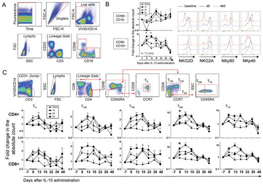 Figure 2. IL-15 administration expands multiple subsets of NK and memory T cells. (A) Gating strategy used for the identification of NK-cell subsets. A first gate on time versus fluorescence was drawn to exclude artifacts and singlets were selected on the basis of FSC-A and FSC-H. Monocytes and dead cells were excluded by gating on CD14–/ViViD– cells. Within the lymphocyte gate, NK cells were defined as those negative for CD3 and CD20 and positive for either CD56 or CD16. Two major NK-cell subsets could be identified in the RM: CD56+CD16− and CD56−CD16+ NK cells. (B) Left, dynamics of NK-cell subsets after treatment with IL-15. Data from the different dose groups were indicated as in Figure 1. Right, 1 representative example of the dynamics of NKG2D, NKG2A, NKp80, and NKp46 expression in a RM receiving the 50-μg/kg/d dose. Data relative to baseline, day 8 and day 48 after treatment are shown from the 2 identified subsets of NK cells. (C) Gating strategy used for the identification of naive and memory T-cell subsets. Monocytes and dead cells were excluded as in panel A, and T cells were further selected for CD3+ positivity. Within the lymphocyte gate, CD4+ and CD8+ cells were identified (CD8+ T cells only are shown for more clarity). For both lineages, total memory cells are defined as those expressing CD95, while CD95- (almost exclusively CD45RA bright) naive (TN) cells are further restricted as CD28+ and CCR7+. Within the memory cell gate, central memory (TCM) are CCR7+CD28+, transitional memory (TTM) are CCR7–CD28+, and total effectors (TEff) are CCR7–CD28– and could be then subdivided into effector memory (TEM; not expressing CD45RA) or terminal effectors (TTE, expressing CD45RA). (B) Dynamics of TN and memory T-cell subset counts in the peripheral blood after treatment with IL-15. Data from the different dose groups are shown as in Figure 1. *P < .05 for Wilcoxon rank test in IL-15–treated versus sham.