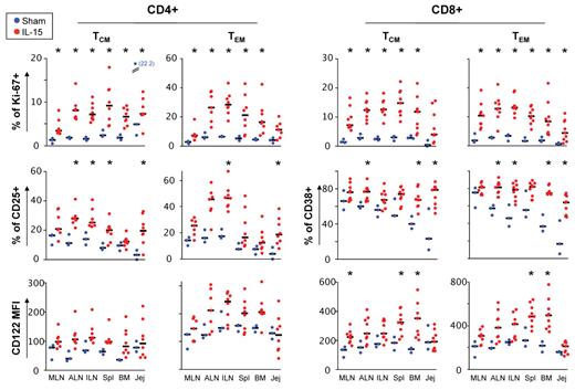 Figure 4. Activation and proliferation of memory T cells after treatment with IL-15 occurs in multiple tissues. Frequency of TCM (CCR7+CD95+) and TEM (CCR7−CD95+) T cells expressing Ki-67 and CD25 (CD4+) or Ki-67 and CD38 (CD8+) in different tissues of the body at day 13 after IL-15 treatment initiation. Expression of CD122 (MFI) was also shown in the same cell subsets. Data were expressed as in Figure 3B. MLN, mesenteric lymph node; ALN, axillary lymph node; ILN, inguinal lymph node; Spl, spleen; BM, bone marrow; Jej, jejunum. *P < .05 after Wilcoxon rank test versus sham.