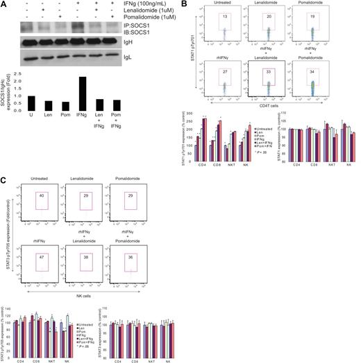 Figure 3. IMiDs regulate ex vivo induced SOCS1 expression and STAT activation. (A) SOCS1 protein expression was shown by immunoprecipitation-Western blot in effector cells, incubated in the presence of aCD3 Ab and lenalidomide (1μM) or pomalidomide (1μM) for 16 hours, and then stimulated with SOCS1 inducing cytokine IFNγ (100 ng/mL) for 15 minutes to 4 hours (top panel). Expression of SOCS1 protein relative to IgH chain was demonstrated (fold) using ImageJ 1.37v (http://rsb.info.nih.gov/ij/) densitometric analysis (bottom panel). One representative of 3 independent experiments is shown. Intracellular expression of STAT1 pTyr701 and STAT1 (B) and STAT3 pTyr705 and STAT3 (C) are shown in PBMCs from healthy donors (n = 3) by flow cytometric analysis. aCD3 Ab stimulated PBMCs were incu-bated in the absence or presence of lenalidomide and pomalidomide for 16 hours, and then stimulated with IFNγ for 15 minutes. Expression of phosphorylated STATs is shown as a percent expression relative to control baseline levels in aCD3 Ab–stimulated cells. Top panels demonstrate phosphorylated STATs expression in CD4 T cells as representative plots, and bottom panels demonstrate phosphorylated STATs expression in all effector cells as percent expression relative to control baseline levels in aCD3 Ab stimulated cells. Numbers indicate percentage of positive cells. One representative of 3 independent experiments is shown. Statistical significance indicated (t test, 1-tailed distribution, P < .05).