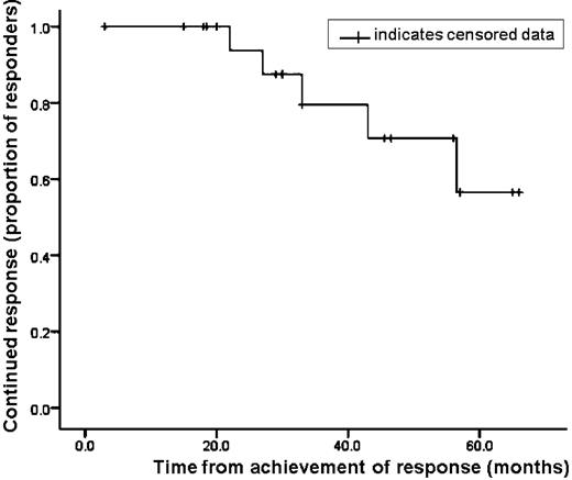 Figure 1. Response duration. Kaplan-Meier graph relating response status to duration (time from achievement of response to relapse or censoring of data) in the 22 complete or partial responders.