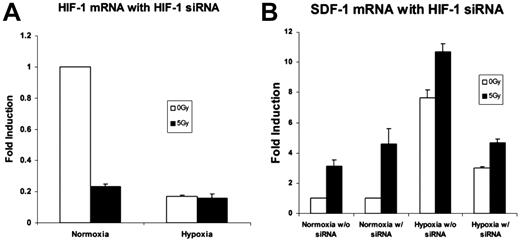 Figure 5. An analysis of the effects of HIF-1α siRNA on genes up-regulated by low-dose radiation therapy. (A) HIF-1α mRNA expression was examined with real time qRT-PCR after silencing with HIF-1α siRNA to demonstrate effective HIF-1α knockdown. An 85% reduction in HIF-1α mRNA expression was achieved (n = 4). (B) SDF-1 mRNA levels with and without HIF-1α silencing. There was an overall reduction in SDF-1 expression in hypoxia. However, 5 Gy IR exposure still effected a relative increase versus nonradiated samples despite HIF-1α blockade (n = 4).