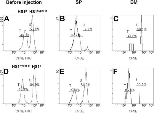 Figure 4. In vivo migration of primary leukemic cells obtained from patients with CLL. Rag2−/−γc−/− mice were injected intravenously with a mixture of CD19+ CFSE-high– and CFSE-low–labeled leukemic B cells from the PB of 8 patients with CLL with a different pattern of HS1 phosphorylation (HS1hyper−p and HS1p). (A,D) Flow cytometric analysis of preinjection samples: percentages of CFSE-low (peak T) and CFSE-high (peak U) cells are indicated. The plots are gated on 7AAD− CFSE+ cells. (B-C) Flow cytometric plots show 7AAD− CFSE-low (peak T, HS1p; patient no. 6 in Table 2) and CFSE-high (peak U, HS1hyper-p; patient no. 7 in Table 2) cells obtained from spleen (SP) and BM of a representative Rag2−/−γc−/− recipient mouse killed 20 hours after cell injection. Percentages of cells falling in fractions T and U are indicated. (E-F) Flow cytometric plots show 7AAD− CFSE-low (peak T, HS1hyper-p; patient no. 1 in Table 2) and CFSE-high (peak U, HS1p; patient no. 4 in Table 2) cells obtained from SP and BM of the Rag2−/−γc−/− recipient mouse killed 20 hours after cell injection. The preferential accumulation of HS1hyper-p cells versus HS1p cells in the BM of mice is not affected by CFSE concentration.