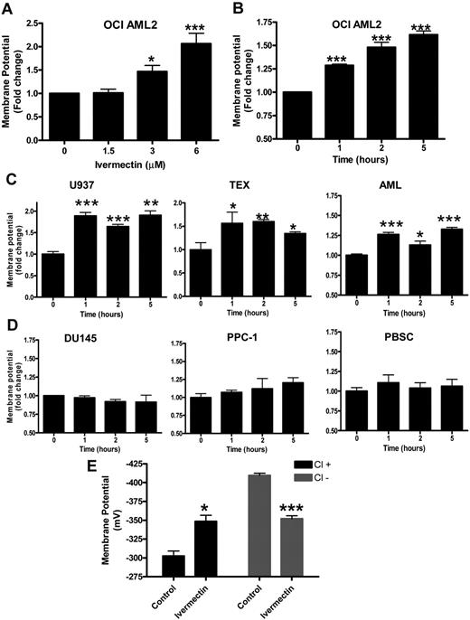 Figure 4. Ivermectin induces plasma membrane hyperpolarization dependent on chloride influx. OCI-AML2 cells were treated with increasing concentrations of ivermectin for 24 hours (A) or 6μM ivermectin for increasing times of incubation (B). After treatment, plasma membrane potential was measured by staining cells with DiBAC4(3) and flow cytometric analysis. Data represent the mean ± SD fold change in plasma membrane potential compared with control treated cells. Representative experiments performed in triplicate are shown. Differences in change of membrane potential compared with control were analyzed by an unpaired t test. ***P < .001; *P < .05. U937 and TEX leukemia cells, a primary AML sample (AML), (C) DU145 and PPC-1 prostate cancer, and 2 samples of normal hematopoietic cells (D) were treated with 6μM ivermectin for increasing times. After treatment, plasma membrane potential was measured as described above. Data represent the mean ± SD fold change in plasma membrane potential compared with control treated cells. Representative experiments performed in triplicate are shown. Differences in change of membrane potential, compared with control, were analyzed by an unpaired t test. ***P < .001; *P < .05. (E) OCI-AML2 cells were treated with 6μM ivermectin in chloride-replete and chloride-free media for 5 hours. After incubation, plasma membrane potential was measured as described above. Data represent the mean ± SD change in plasma membrane potential, compared with untreated cells in chloride-replete media. Representative experiments performed in triplicates are shown. Differences in change of membrane potential, compared with control, were analyzed by an unpaired t test. ***P < .001; *P < .05.