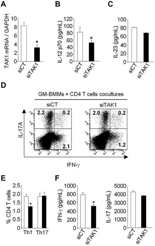 Figure 7. TAK1 gene silencing results in the diminution of Th1 cells in vitro. Bone marrow–derived macrophages grown in GM-CSF (GM-BMMs) were generated as described in the Methods. GM-BMMs were first transiently transfected with siRNAs against TAK1 (siTAK1) or with a nontargeting control siRNA (siCT). After lipofection, the cells were stimulated with TNF (20 ng/mL) for 24 hours and then cultured with CD4+ T cells in the presence of anti-CD3 (1 μg/mL) for 5 days. (A) After lipofection, GM-BMMs stimulated with TNF were harvested and the expression of TAK1 was determined by qPCR. (B-C) IL-12 and IL-23 secretion in GM-BMM supernatants were measured by ELISA. (D) Flow cytometric analysis of Th1 and Th17 cells in CD4+ T cells cocultured with GM-BMM. Cells were stained for surface CD4 and intracellular IL-17A and IFN-γ. Representative dot plots were gated on CD4+ T cells. (E) Histograms indicate mean percentages of IL-17A and IFN-γ–producing CD4+ T cells. (F) IFN-γ and IL-17A production in the coculture of CD4+ T cells and GM-BMMs were measured by ELISA. Results are representative of 2 independent experiments performed in triplicate. *P < .05.