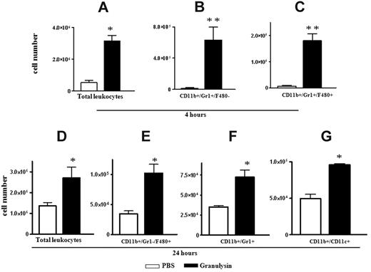 Figure 2. Granulysin recruits leukocytes in vivo. For in vivo recruitment experiments C57BL mice were injected intraperitoneally with PBS or 10 μg/mouse of 9-kDa GNLY (4 mice per group). Mice were killed, and the peritoneal cavity was rinsed with 5 mL of cold PBS, 5mM EDTA, 20 U/mL heparin. Cells in the peritoneal lavage were counted and stained to analyze the phenotype of the recruited cells by flow cytometric analysis after 4 hours of injection: (A) total number of cells, (B) CD11b/Gr1+/F480+, (C) CD11b/Gr1+/F480−, and at 24 hours (D) total number of cells, (E) CD11b/Gr1−/F480+, (F) CD11b/Gr1+/F480−, and (G) CD11b+/CD11c+. One representative experiment of 3 is shown. *P < .05, **P < .01.