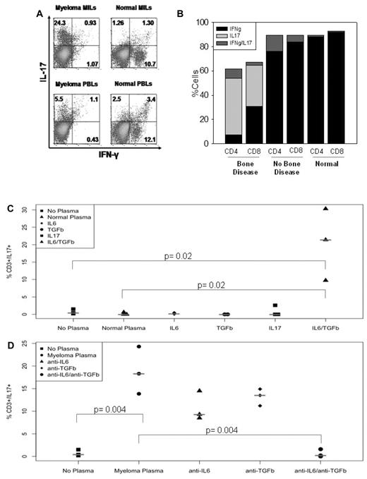 Figure 2. Myeloma MILs produce IL-17. (A) Intracellular IL-17 staining. MILs and PBLs from either myeloma patients or normal donors were stimulated for 6 hours with PMA and ionomycin in the presence of Golgi-Stop. Cells were stained with CD3+, and intracellular staining was then performed for IL-17 and IFN-γ. Data are gated on CD3+ cells. (B) CD4/CD8/IL-17 staining. BM from myeloma patients with (n = 3) and without (n = 3) bone disease as well as from normal donors (n = 3) was stimulated for 6 hours with PMA and ionomycin in the presence of Golgi-Stop. Intracellular staining was performed for IL-17 and IFN-γ on either CD4 or CD8 T cells. Shown is the percentage of T cells expressing the respective cytokine. (C) Normal marrow plasma fails to induce a Th17 profile. Myeloma PBLs were cultured for 5 days in medium alone (no plasma), 50% normal BM plasma, or 50% normal BM plasma supplemented with the indicated cytokines at the following concentrations: IL-6, 10 ng/mL; TGF-β, 5 ng/mL; and IL-17, 10 ng/mL. After a 5-day incubation, the cells were stimulated for 6 hours with PMA and ionomycin and stained for CD3 and intracellular IL-17. Data are gated on CD3+ cells. (D) IL-17 produced by the myelomatous marrow microenvironment skews PBLs toward a Th17 profile. Myeloma PBLs were incubated for 5 days in the presence of medium alone, 50% myeloma BM plasma with or without anti–TGF-β 10 μg/mL, anti–IL-6 10 μg/mL, or both. Cells were cultured for 5 days as described in “Methods” and stained for intracellular IL-17.