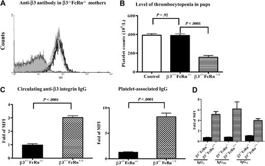 Figure 2. Thrombocytopenia was not detected in FcRn-deficient neonates delivered from immunized female β3−/−FcRn−/− mice bred with β3+/+FcRn−/− males. (A) Anti-β3 integrin antibodies were generated in β3−/−FcRn−/− mice after 2 immunizations with β3+/+FcRn−/− platelets. Antibodies were detected after immunization (black line), during pregnancy (gray line), and immediately after delivery (dotted line). This figure is representative of at least 3 individual experiments. (B) Thrombocytopenia was not detected in heterozygous pups delivered from immunized β3−/−FcRn−/− mothers (transfused twice with β3+/+FcRn−/− platelets) bred with β3+/+FcRn−/− males. FNIT was induced in pups delivered from mothers immunized twice with β3−/−FcRn+/+ platelets and bred with β3+/+FcRn+/+ males. Pups delivered from naive β3−/−FcRn+/+ female mice bred with male β3+/+FcRn+/+ mice were used as controls. n = 8-21 for each group. (C) Circulating anti-β3 integrin and platelet-associated IgG were undetectable in β3−/+FcRn−/− pups delivered from immunized β3−/−FcRn−/− mothers, but detected in β3−/+FcRn+/+ pups delivered from immunized β3−/−FcRn+/+ mothers. (D) Various IgG isotypes only crossed the FcRn-positive placenta. Mouse anti–mouse β3 integrin mAbs (50 μg; isotypes: JAN DI/IgG1, PSI EI/IgG2b, and DEC AI/IgG3) were injected intraperitoneally into pregnant β3−/−FcRn+/+ and β3−/−FcRn−/− mice, respectively. After delivery, sera from pups were incubated with β3+/+ platelets at a 1:5 dilution and stained with goat anti–mouse FITC-conjugated IgG1, IgG2b, and IgG3. n = 6-14 for each group.