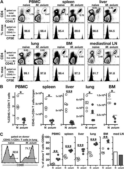 Figure 2. Donor CD4 T-cell expansion and activation during reconstitution of naive and M avium–infected TCRα−/− mice. Naive and day 69 infected CD45.2+ TCRα−/− mice received 1.5 × 106 CFSE-labeled CD45.1+ CD4 T cells from naive donors, and tissues were harvested on day 7 after transfer. (A) Representative FACS plots showing the frequency of donor CD4 T cells in different tissues of naive and infected recipient mice (top panels). Numbers represent the percentage of the total recovered cells that were of donor origin. The corresponding histograms of CFSE dilution for each of the gated CD4+CD45.1+ donor cell populations are shown in the bottom panels. Numbers represent the percentage of donor cells that have fully diluted CFSE. (B) Absolute numbers of donor CD4 T cells recovered from each of the tissues shown in (A). For the PBMCs, the percentage of donor cells is shown. (C) CD69 staining of the donor CD4 T cells recovered in panels A and B. In the case of mediastinal lymph nodes, it was necessary to pool cells from 4 mice to obtain sufficient numbers for staining. Data are representative of 2 independent experiments.