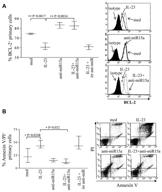 Figure 3. IL-23 driven apoptosis and BCL-2 modulation in pediatric B-ALL cells. (A) Left panel: flow cytometric analysis of BCL-2 expression in 5 B-ALL samples transfected or not with anti-miR15a or irrelevant (irr) anti-miR cultured 48 hours with or without IL-23. Left panel: whisker lines represent highest and lowest values, horizontal lines represent median values. Histograms on the right: BCL-2 intracellular staining of one representative experiment is shown. (B) Left panel: analysis of apoptotic cells in 3 B-ALL samples transfected or not with anti-miR15a or irrelevant anti-miR cultured 48 hours with or without IL-23. Left panel: whisker lines represent highest and lowest values, horizontal lines represent median values. Dot plots on the right: annexin V/PI double staining in 1 representative experiment.