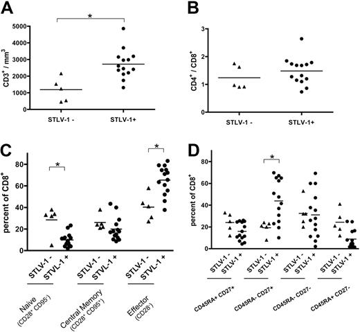 Figure 1. STLV-1 infection induces a constitutive activation of the simian immune system. (A) Comparison of the CD3+ cell number per cubed millimeter of blood between noninfected (5 animals) and STLV-1–infected (15 animals) monkeys before initiation of the treatment. Cells were stained with CD3 antibodies. The percentages obtained were then reported to the total lymphocyte number determined by clinical automated lymphocyte count. (B) Comparison of T-CD4+/T-CD8+ ratio between noninfected and infected monkeys before treatment. Cells were stained with CD4, CD8, and CD3 antibodies. (C) Comparison of CD8+ subpopulations count per cubed millimeter of blood determined before treatment. Cells were stained for CD3, CD8, CD95, and CD28. *Significant difference (P < .05; Mann-Whitney test).