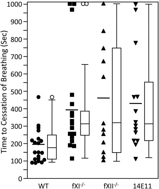 Figure 6. Mouse pulmonary embolism model. C57Bl/6 mice were given a single 100-μL bolus of rabbit brain tissue factor (∼ 1nM solution), and time to cessation of respiration was measured. The mice tested are wild-type (WT: ●), fXI-deficient (fXI−/−: ■), fXII-deficient (fXII−/−: ▴) and WT treated with 1.0 mg/kg 14E11 (▾). Each symbol represents one animal, and bars within the column of symbols indicate the mean occlusion time. The box plots indicate the 25th, 50th, and 75th percentile for each group, with the whiskers showing the 10th and 90th percentile.