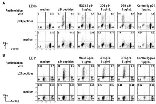 Figure 7. Improved cross-presentation of Gag protein via DEC205 to human T cells. (A) PBMCs from a long-term nonprogressor patient (LB06) were CFSE labeled and cultured 7 days with the indicated sources of HIV Gag p24 antigen (top). At the end of the culture, the cells were restimulated 6 hours with a pool of 50 Gag 15-mer peptides (upper) or without peptides (lower) in the presence of anti-CD28 costimulatory mAb. Data show IFN-γ production by CD8+ T cells, most of which have extensively diluted their CFSE label as a result of cell division. (B) As in (A), but the cells are mixtures of MoDCs and autologous T cells from a chronically HIV-infected donor (LB11). The data are displayed as 2 color dot plots to measure CFSE dilution and IFN-γ production in CD3+CD8+ cells.