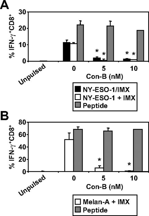 Figure 3. Effects of inhibiting endosomal acidification on ISCOMATRIX facilitated HLA-A2-restricted cross-presentation of NY-ESO-1 or Melan-A by MoDCs. Immature MoDCs (1 × 105) were either untreated or treated with 5 or 10nM Con-B for 45 minutes before and throughout the 18-hour pulse with 10 μg/mL NY-ESO-1/ISCOMATRIX vaccine or 10 μg/mL NY-ESO-1 (A) or Melan-A protein (B) together with 10 μg/mL ISCOMATRIX adjuvant in 96-well, round-bottom plates. In parallel, untreated or inhibitor-treated MoDCs were pulsed with cognate peptide for 30 minutes and then washed thoroughly before the 4-hour coculture with CTL lines to control for nonspecific effects of the inhibitor. A standard ICS was then performed, and IFN-γ levels were assessed by flow cytometry. Data are mean ± SD of 3 separate donors. *P < .01 vs no Con-B treatment.