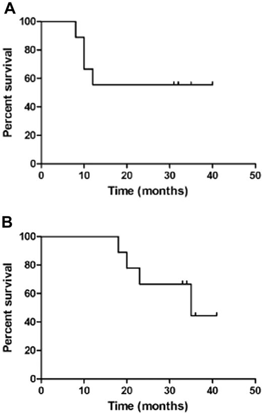 Figure 1. Survival curves for vaccinated patients. (A) Disease-free survival. (B) Overall survival.