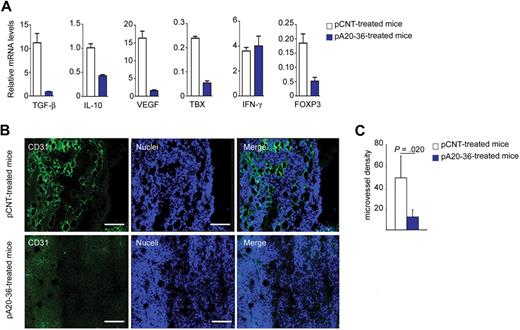 Figure 5. Analysis of tumor microenvironment in A20 B lymphoma–engrafted mice. (A) Cytokine expression levels in tumor tissues from mice injected intravenously with pA20-36 or pCNT peptides (200 mg ≃ kg−1 ≃ d−1) at day 24 after treatment. Mean values ± SDs of 3 independent experiments are shown. Statistical analysis was performed according to the Student t test (n = 4 tumors per group). (B) Inhibition of tumor angiogenesis by the pA20-36 peptide. Sections of fresh tumor tissues were incubated with antibody to CD31 to stain endothelial cells, together with TOPO-3 staining followed by confocal microscopy. Panels are representative of samples from 4 mice per group with similar staining profiles. Pictures were captured with a Leica TCS SP2 confocal microscope with a HC PL FLUOTAR 20×/0.50 oil UV objective (NA 0.50) in glycerol and acquired with Leica Confocal Software Version 2.61. Image manipulation was performed with Adobe Photoshop CS. (C) Quantitative analysis of vessel density. The mean number of vessels per field (56.25 μm2) of tumor sections described in panel B is shown; mean values ± SDs (n = 4/group); statistical analysis was performed according to the Student t test.