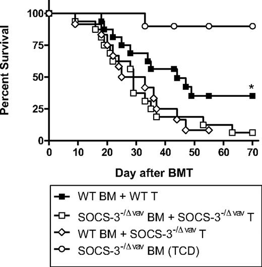 Figure 6. SOCS3 within donor T cells attenuates GVHD after allogeneic BMT. Survival by Kaplan-Meier analysis. Irradiated B6D2F1 mice received a transplant with BM and T cells from WT or SOCS3−/Δvav mice (WT, n = 16; SOCS3−/Δvav, n = 16), WT BM and SOCS3−/Δvav T cells (n = 12), or T cell–depleted SOCS3−/Δvav BM (n = 10) as described in “Hematopoietic stem cell transplantation.” Data were pooled from 3 similar experiments. *P = .045, WT versus SOCS3−/Δvav BM and T cells.