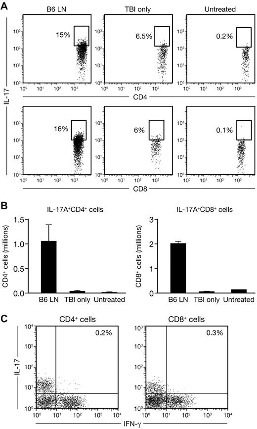 Figure 4. Induction of BM failure with T-cell expansion in a mouse model. CByB6F1 mice (n = 5) were irradiated (5 Gy TBI) and injected with 5 × 106 B6 LN cells and then bled and killed 10 days later along with untreated control mice (irradiated non–LN-injected, TBI-only, n = 5; non-irradiated non–LN-injected, untreated, n = 5). CBCs were performed using a Hemavet analyzer. BM cells were stained with anti-CD4 and anti-CD8 antibodies and examined by flow cytometry. Experiments are represented as mean ± SD. P less than .05 is considered statistically significant. (A) Representative flow cytometric analysis of IL-17 expressions in CD4+ (top panel) and CD8+ (bottom panel) T-cell subsets (Th17 cells) in B6LN, TBI-only, and untreated mice. The mean value of each group is indicated. (B) Absolute numbers of CD4+ (top panel) and CD8+ (bottom panel) T-cell subsets (Th17 cells) in B6 LN, TBI-only, and untreated mice. Experiments are represented as mean ± SD. (C) Representative flow cytometric analysis of IL-17 and IFN-γ coexpression in CD4+ (top panel) and CD8+ (bottom panel) T-cell subsets (Th17 cells) in B6 LN mice. The mean value of each group is indicated.