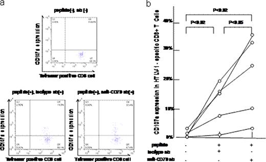 Figure 1. Upregulation of CD107a expression by anti-CD70 antibody on HTLV-1 Tax tetramer specific cytotoxic T lymphocytes (CTLs). (a) Representative flow cytometric dot plots showing increased CD107a expression in HTLV-1 Tax tetramer specific CTLs treated with anti-CD70 blocking antibody compared with isotype antibody. Freshly isolated peripheral blood mononuclear cells were incubated with or without 0.02 μM HTLV-1 Tax peptide in the presence of anti-CD70 blocking antibody or isotype control (10 μg/ml) for 4 hours. Analysis was performed on a FACScan flow cytometer (BD Bioscience, San Jose, CA, USA) and with FlowJo software (Tree Star, Ashland, OR, USA). Lymphocytes were gated on forward and side light scatter properties, followed by gating on CD8+ tetramer+ CTLs. (b) Summary of CD107a expression in HTLV-1 Tax tetramer specific CTLs after incubation with anti-CD70 blocking or isotype control antibody. P < 0.05, Wilcoxon matched-pairs test.