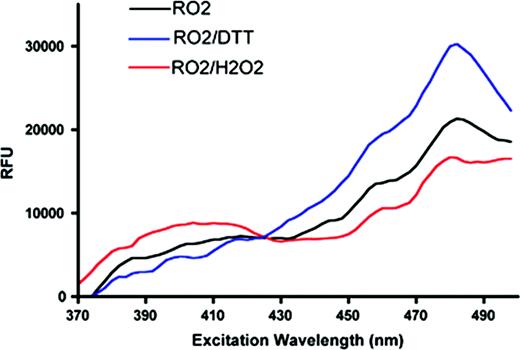 Figure 1. Evaluation of roGFP2 function in MEL cells. The Y-axis shows fluorescence emission as a function of excitation wavelength (X-axis)—showing a shift when cells are exposed to oxidizing or reducing conditions.