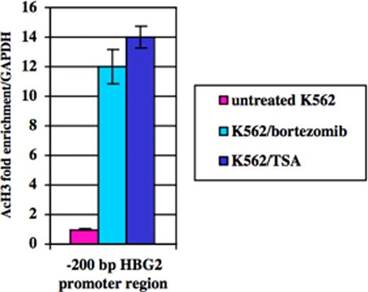 Figure 3. Quantitative real-time PCR analysis from K562 DNA immunoprecipitated with anti-acetyl-H3 or IgG antibodies following bortezomib or TSA treatments.