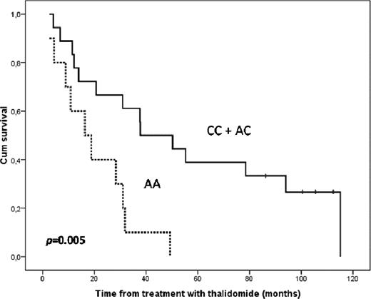Figure 1. Overall survival of relapsed/refractory MM patients treated with thalidomide according to ERCC1 (rs735482) genotype (AA=wild-type, CC=homozygous SNP, AC=heterozygous SNP).