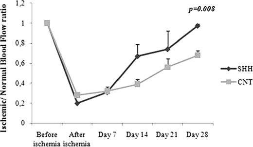 Figure 1. (a) Laser Doppler perfusion imaging. (b) Mice treated with phShh displayed significant increase of the ischemic/contralateral leg perfusion ratio.