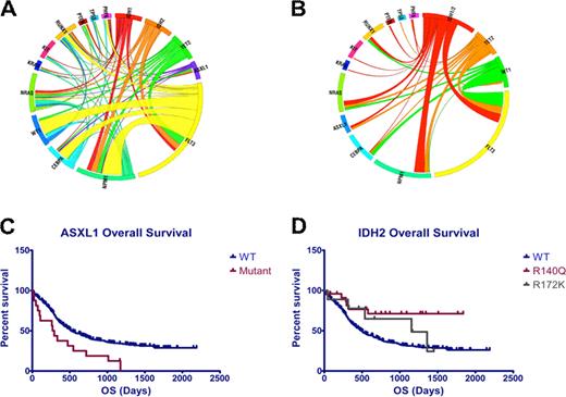 Figure 1. A) Circos diagram depicting relative frequency and pairwise co-occurrence of mutations in de novo AML patients enrolled in the ECOG protocol E1900. B) Circos diagram showing mutational events in IDH1/2, TET2, and WT1 mutant AML patient. C) Overall survival in AML patients with and without ASXL1 mutations (p=0.005). D) Overall survival in AML patients with and without IDH2 R172 and R140 mutations (p=0.003).