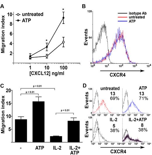 Figure 3. ATP enhances NK-cell chemotactic response to CXCL12. (A) Migratory response of NK cells to CXCL12 gradients in the presence (●) or absence (○) of 100μM ATP. *P < .05 versus cells stimulated with same CXCL12 dose in the presence of UTP. (B) Expression of CXCR4 on NK cells surface after 1-hour exposure to 100μM ATP. (C) Migratory response of NK cells to 100 ng/mL CXCL12 after 16-hour incubation with or without 1000 U/mL IL-2 in the presence or absence of 100μM ATP. (D) Expression of CXCR4 after 16-hour incubation with or without 1000 U/mL IL-2 in the presence or absence of 100μM ATP. (D) Data are the mean fluorescence intensity and percentages of CXCR4+ cells. (A,C) Data are the mean ± SD of 3 experiments. (B,D) Data are representative from 1 of 3 experiments. *P < .05. All P values were calculated by Student t test for paired samples.