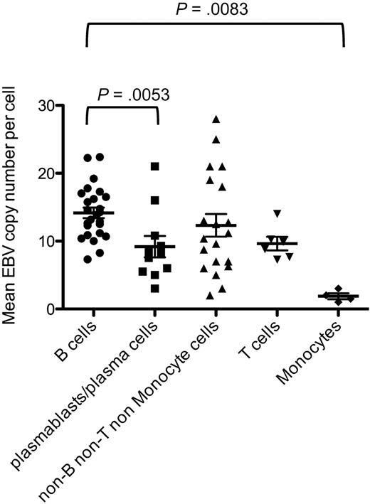 Figure 2. Mean EBV copy number per cell for each cell subpopulation for each patient. P values were obtained with the t test. The difference in mean EBV copy number between B cells and non-B, non-T, non-monocyte cells (P = .2878) and between B and T cells (P = .77) was not significant.