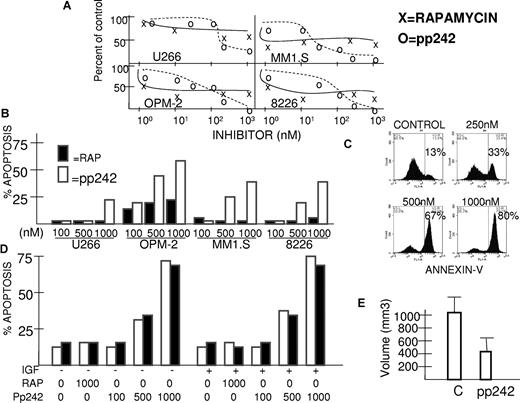 Figure 2. pp242 is more effective than rapamycin against MM cell lines. (A) Four cell lines were treated with increasing concentrations of rapamycin (x) or pp242 (o) for 72 hours and number of recovered viable cells was assessed. Data presented as percent of control (no inhibitor treatment), mean of triplicate samples. The standard deviation (SD) in all groups was < 5% of the mean. (B) Similarly treated MM cell lines were assessed for induction of apoptosis by flow cytometric analysis for expression of activated caspase 3. Data represent percent apoptosis over control (no inhibitor treatment), mean of triplicate samples. The SD was < 5% of the mean in all groups. Rapamycin treatment represented by dark bars and pp242 represented by white bars. (C) MM1.S cells treated with 0, 250, 500, or 1000nM pp242 and apoptosis assayed by annexin V staining. Percents shown are percent annexin V-positive cells. (D) 8226 MM cells treated for 48 hours ± IGF-1 (250 ng/mL) with increasing concentrations of either rapamycin or pp242 and apoptosis assayed by activated caspase 3 staining (open bars) and annexin V staining (black bars). (E) NOD/SCID mice were challenged with SC 8226 MM cells and treated with daily intraperitoneal injections of pp242 at 20 mg/kg for 8 treatments or vehicle alone (control). Treatment started when tumors were 200 mm3. The data represent the mean ± SD volume of pp242-treated tumors versus control (N = 6). The pp242-treated tumor volumes are significantly (P < .05) lower than that of control mice.