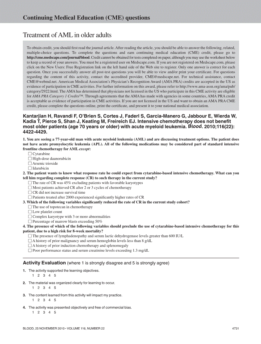 First page of Continuing Medical Education (CME) questions: Treatment of AML in older adults
