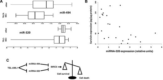 Figure 5. miR-494 and miR-320a expression in leukemia samples, and a model of action. (A) RNA was isolated from diagnostic leukemia samples from 11 TEL-AML1 positive and 15 TEL-AML1 negative cALL patients, and miRNA expression for miR-494 and miR-320a were analyzed by quantitative PCR. Shown are box-and-whisker plots of log10-transformed data; the box contains 50% of the data separated by the median, and the whiskers contain the remaining 25% at each side. TEL-AML1 leukemias expressed less miRNA-494 (P = .04) and miRNA-320a (P = .03) than other cALLs. (B) Scatterplot of the relationship of miRNA-320a (measured by Taqman) and survivin protein (measured by ELISA) among 28 cryopreserved TEL-AML1 leukemia cell samples. Two samples that were outliers were removed to “center” the remainder of the data. miRNA-320a and survivin were correlated (Spearman corrrelation: −0.38, P = .015). (C) Schematic presentation of the TEL-AML1, miRNA-494, and miRNA-320a impact upon survivin expression and cell survival. TEL-AML1 binds miRNA-494 and miRNA-320a promoters and exerts its transcriptional suppressor activity. These block miRNA-494 and miRNA-320a expression and release miRNA control of survivin expression resulting in increased resistance from apoptosis.