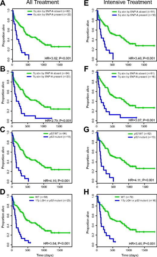 Figure 3. Specific SNP 6.0 array-based genomic lesions and OS in AML (Kaplan-Meier plots). (A-D) All-treatment group. (E-H) Intensive-treatment group.