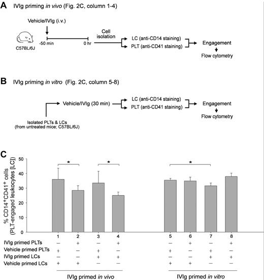 Figure 2. IVIg priming in vivo reduced the cell engagement property of PLTs in vitro. Experimental schemes of in vivo (A) and in vitro (B) IVIg priming of PLTs and splenic LCs and the subsequent PLT-CD14+ LC engagement experiment. Quantitative flow cytometric analysis revealed the relative PLT-CD14+ LC engagement levels as the PLTs and CD14+ LCs were differentially primed with IVIg or vehicle in vivo (columns 1-4) and in vitro (columns 5-8), respectively (C). *P < .05. n = 6 (3 experiments with 2 replicates). Data are mean ± SD.