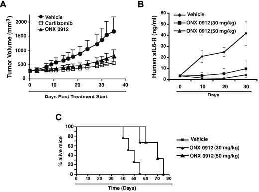 Figure 5. ONX 0912 inhibits growth of xenografted human MM cells in mice. (A) MM.1S cells alone (3 × 107 cells/mouse) were implanted in the rear flank of female beige nude xid mice (5-7 weeks of age at the time of tumor challenge). On Day 30-33, mice were randomized to treatment groups and treated intravenously with carfilzomib (5 mg/kg) or orally with vehicle or ONX 0912 (30 mg/kg). Mice were treated for 2 consecutive days and the treatment repeated weekly for 7 weeks. Data are presented as mean tumor volume ± SEM (n = 9-10/group). One of the 2 representative experiments is shown. Bars indicate means ± SD. (B) Human fetal bone grafts (size range: 0.5-1.5 cm) were subcutaneously implanted into CB-17 SCID mice. Four weeks after bone implantation, INA-6 cells (2.5 × 106) were injected directly into the human fetal bone implant in SCID mice (5 mice each group), and mouse sera samples were serially analyzed for levels of secreted human soluble IL-6R (shIL-6R) by enzyme-linked immunosorbent assay as a measure of tumor burden. Upon detection of measurable shIL-6R in mice (3-4 wks after injection of cells), mice were treated with either vehicle alone or indicated doses of ONX 0912 (orally, 2 consecutive days every week for 4 weeks); mouse serum samples were subjected to analysis for shIL-6R (mean ± SD; P = .03 for both doses; n = 2). Bars indicate means ± SD (C) Kaplan-Meier survival plot shows a significant increase (P = .03) in survival of mice receiving ONX 0912 (30 or 50 mg/kg) compared with vehicle-treated control. The mean overall survival (OS) was 47.5 days (95% confidence interval; 40-55) in the untreated versus 70 days (95% confidence interval; 65-70) in ONX 0912–treated cohorts.