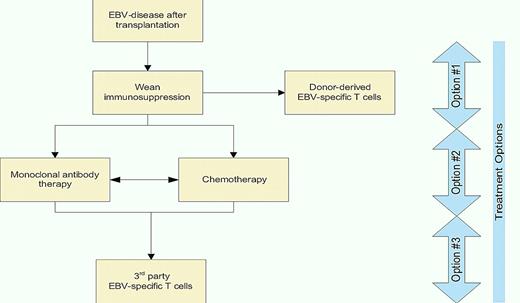 An algorithm for treating EBV-associated clinical disease after transplantation. Frontline treatment (Option #1) and second-line therapies (Option #2) are widely practiced. Option #3 is to be considered experimental, but encouraging, at this time.