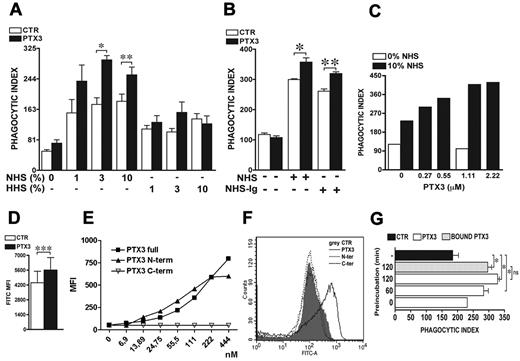 Figure 1. PTX3-mediated increase of A fumigatus conidia phagocytosis is serum and complement dependent but not Ig-dependent. (A) For the phagocytic assay, A fumigatus conidia were preincubated or not (CTR) with 1.1μM PTX3 and then incubated for 30 minutes with neutrophils in the presence of 1%, 3%, or 10% NHS or HHS. Results are mean ± SEM of 3-6 pooled experiments. (B) The phagocytosis assay was performed with 10% NHS or Ig-depleted human serum (NHS-Ig). Results are mean ± SEM of 3 pooled experiments. (C) The phagocytosis assay was performed with A fumigatus conidia pre-incubated with different doses of PTX3 (0.27-2.22μM) in the presence or not of 10% of NHS. Results are representative of 1 of 2 experiments. (D) FACS analysis of PTX3-opsonized FITC-conidia phagocytosis. MFI results are mean ± SEM (n = 7 donors). (E) Full-length PTX3 (PTX3full), N-terminal domain (PTX3N-term), and C-terminal domain of PTX3 (PTX3C-term) were incubated with A fumigatus conidia at different concentrations (6.9-444nM). The binding was detected as described in supplemental Methods. MFI results are representative of 1 of 3 independent experiments. (F) FACS analysis of FITC-conidia phagocytosis after opsonization with full-length PTX3, N-terminal, or C-terminal domains. Results (neutrophil MFI) are representative of 1 of 3 independent experiments. (G) Conidia were pre-incubated (white and gray bars) or not (black bar) with 1.1 μM PTX3 for the indicated time (0, 60, 120 minutes) and eventually washed to eliminate unbound PTX3 before the phagocytosis assay (gray bar) in the presence of 10% NHS. Results are mean ± SEM of 2-6 pooled experiments. *P ≤ .05; **P < .01; ***P = .0005, Student paired t test.