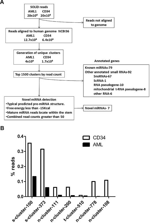 Figure 1. Identification of novel miRNAs. (A) Algorithm used to identify novel miRNAs. (B) Expression of novel miRNAs in the AML1 and normal CD34 samples. The percent contribution of each miRNA sequence to the total pool of known miRNA sequences was calculated by dividing individual miRNA read counts by the total number of miRNA sequence reads.