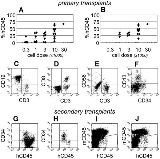 Figure 6. Complete hematopoietic development in NSγ mice. After long-term transplantation assays (≥ 19 weeks), human hematopoietic engraftment was analyzed in 32 NSγ mice. In total, 27 mice had detectable human hematopoietic cells, and the levels of chimerism were dose dependent (A). Complete hematopoietic development was documented in 16 NSγ mice, as defined by human T-cell development in multiple tissues. These mice exhibited high levels of chimerism and were predominately mice that had been transplanted with high doses of Linneg ALDHbr CD34+ cells (B). The human CD45+ cells within the bone marrow of these mice included CD19+ B cells (C), CD3+ T cells (C-E), CD56+ NK cells (E), CD13+ myeloid cells, and CD34+ progenitors (F). The CD3+ cells coexpressed canonical T-cell antigens (CD8; D). Panels G-J: Human CD34 progenitors were enriched from 10 primary NSγ transplant recipients to perform secondary transplantation assays. Initially, lineage-committed murine cells were depleted using immunomagnetic beads (not shown). After that depletion, the resulting fractions were enriched with human CD45+ cells that contained high percentages of CD45+ CD34neg cells (G). The progenitor cells were further enriched after the depletion of mature human cells. Human CD19+ and CD3+ cells were removed entirely (not shown). The CD34+ cells were CD45dim as expected for progenitors (panel H). Human hematopoiesis was established in secondary NSγ recipients at 6 (I) or 12 weeks (J) after transplantation.