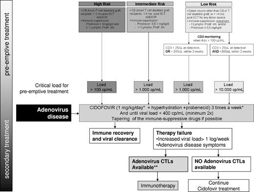 Figure 2. How I treat AdV in HSCT recipients: treatment guideline. Refer to the text for a detailed explanation. Lympho. Prolif. Inh. Indicates lymphocyte proliferation inhibitor (eg, cyclosporin A, CsA); *alternative cidofovir 5 mg/kg intravenously weekly. **For centers that have the AdV CTLs readily available, CTLs are immediately initiated for all high-risk patients and for all patients with AdV symptoms before awaiting cidofovir effect.