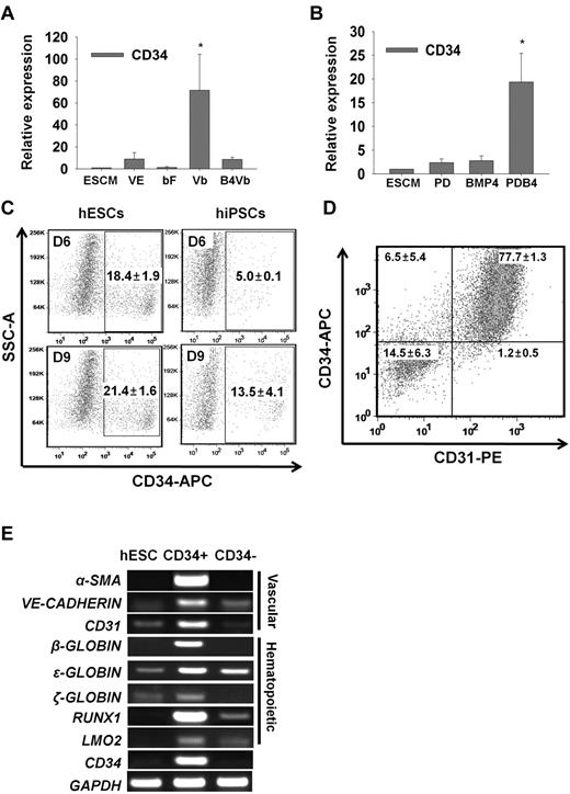 Figure 2. Generation of CD34+ cells from PDB4-treated hESCs after treatment with VEGF-A and bFGF. (A) and (B) Relative mRNA levels of CD34 between experimental groups. Error bars indicate the mean ± SD of 3 independent experiments. A P value < .05 was considered to be statistically significant (*P < .05; n = 3). (C) Proportion of CD34+ cells derived from CHA-hES4 and hiPSCs. PDB4-treated hESCs were cultured in VEGF-A and bFGF-containing medium for 6 and 9 days. The percentage of CD34+ cells (n = 3) is indicated as mean ± SD. (D) Coexpression of CD34 and CD31 in isolated CD34+ cells (n = 2). (E) Transcriptional expression of vascular-lineage genes (α-SMA, VE-CADHERIN, and CD31) and hematopoietic-lineage genes (β-GLOBIN, ϵ-GLOBIN, ζ-GLOBIN, RUNX1, and LMO2) in CD34+ cells. Abbreviations: Control, untreated hESCs; VE, VEGF-A; bFGF, bFGF; Vb, VEGF-A and bFGF; B4Vb, BMP4, VEGF-A and bFGF.